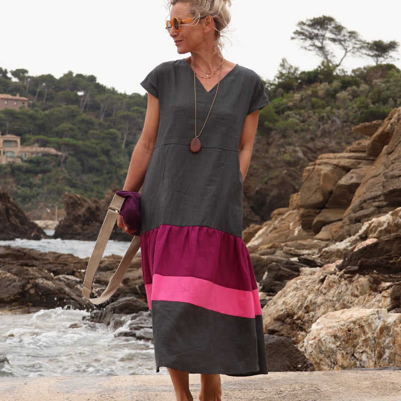 Robe Gitane - lin ardoise lilas rose - Quintessence