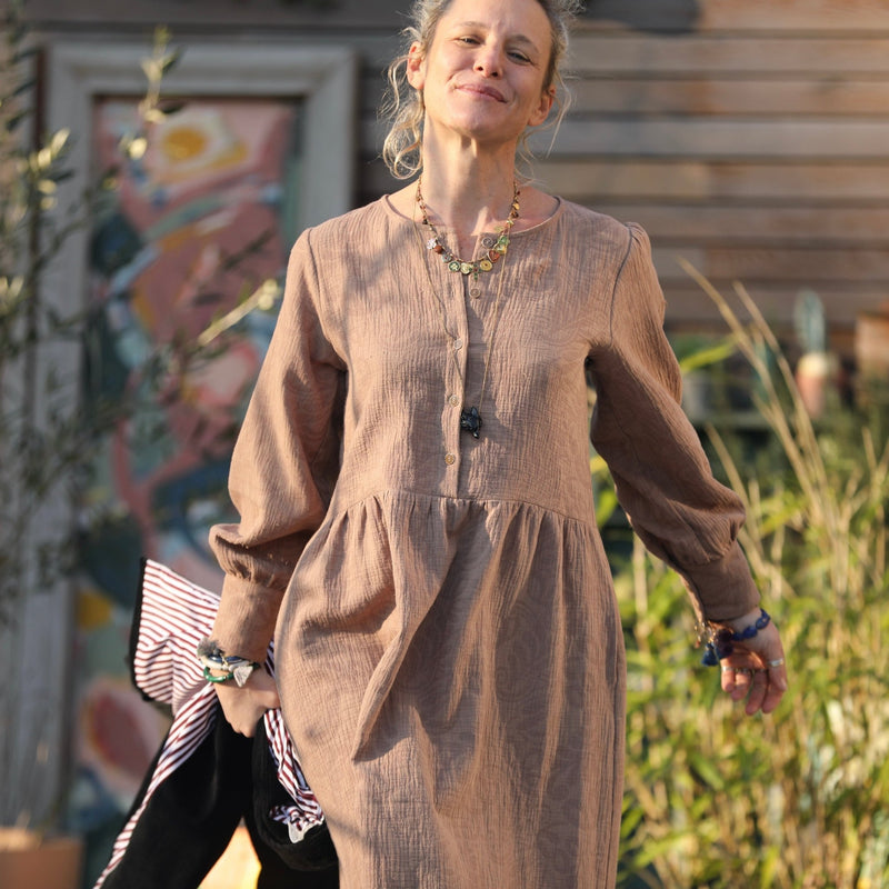 Robe Isis - jacquard coton/lin fleuri camel - Quintessence