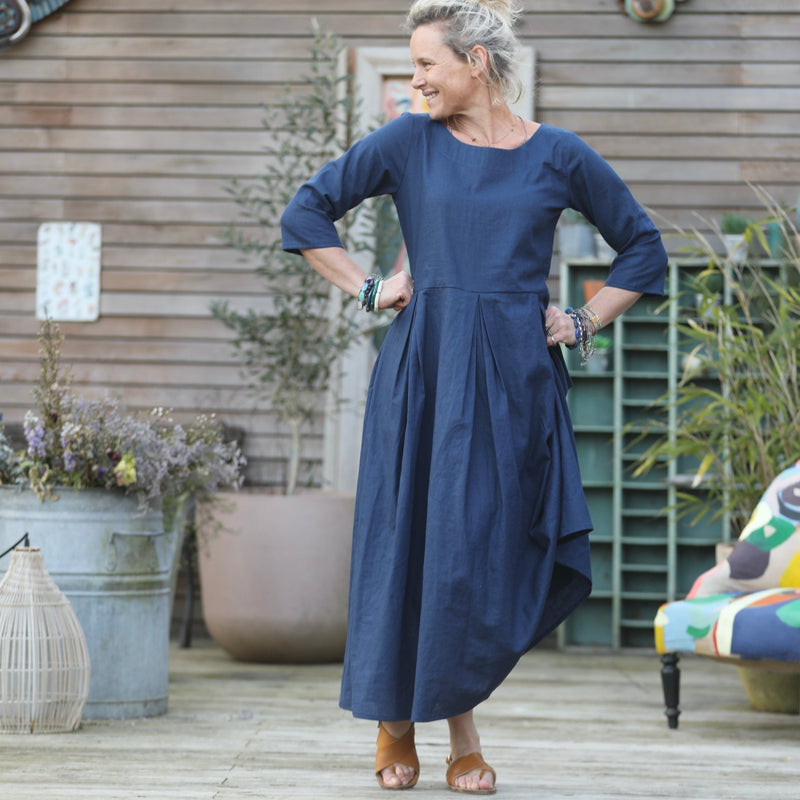 Robe Louisa manches 3/4 lin bleu indigo - Quintessence