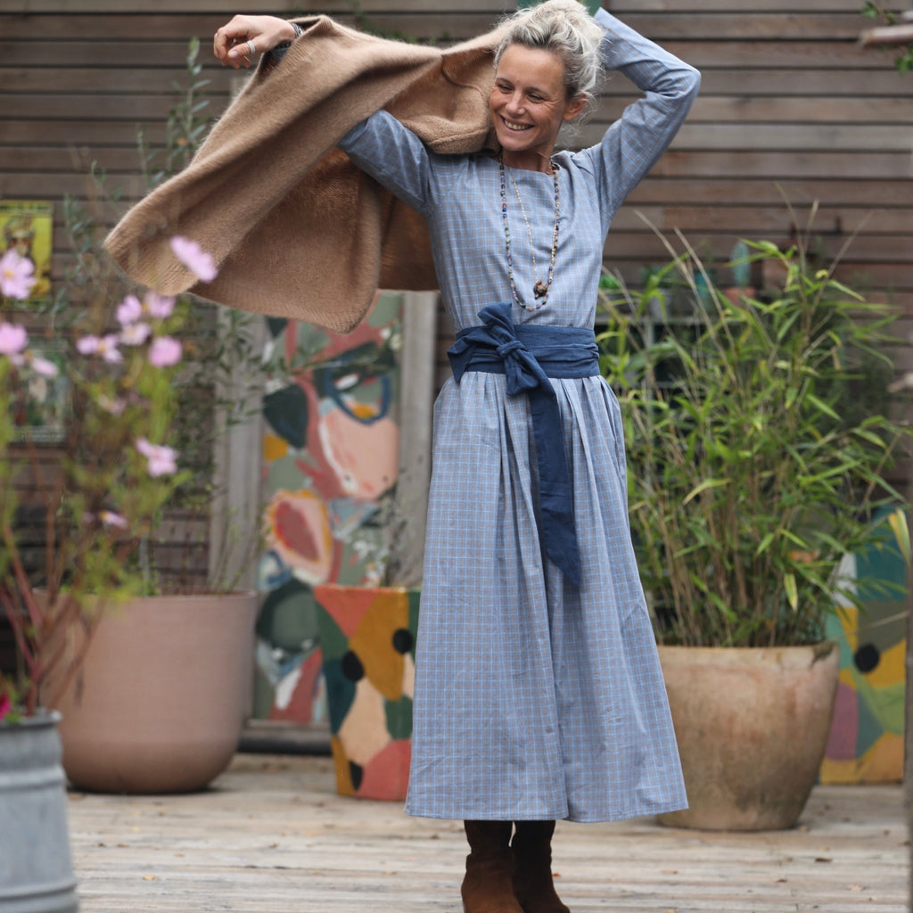 Robe Louisa - Tartan de coton bleu/camel - Quintessence