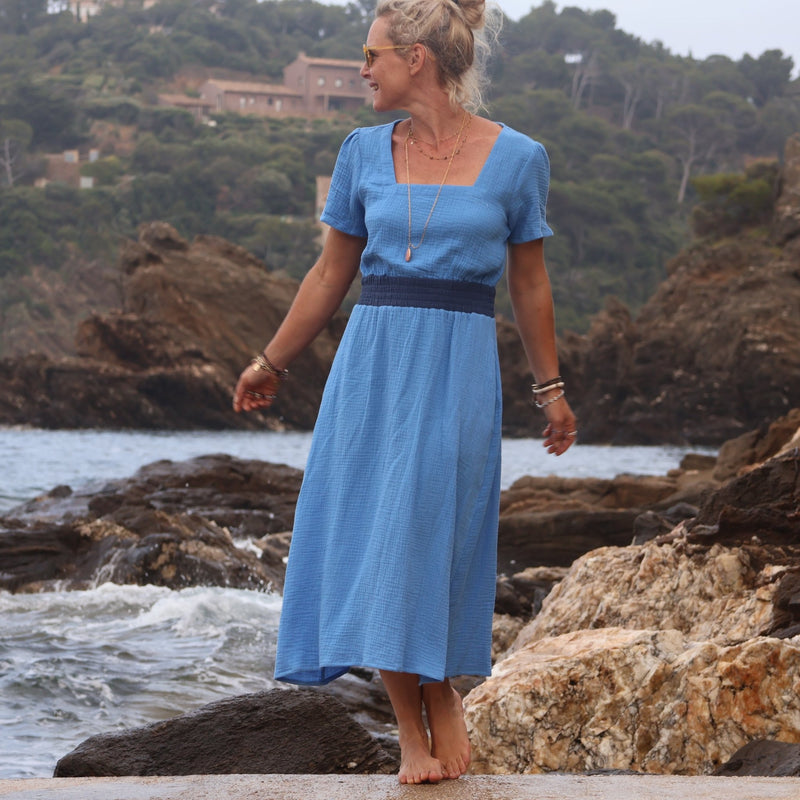 Robe Stella - double gaze de coton bleu cobalt - Quintessence