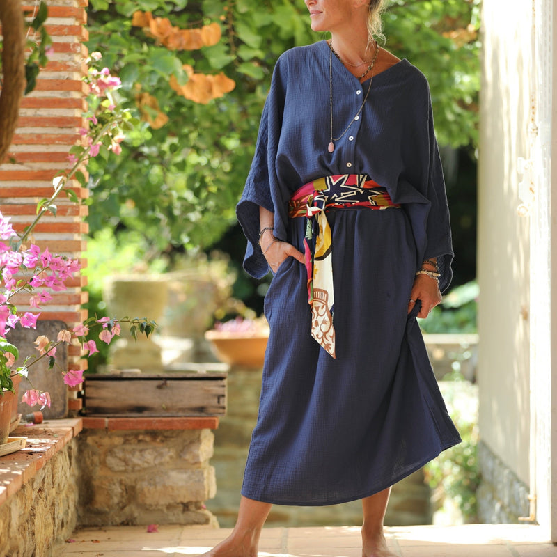 Robe Xiou double gaze de coton bleu indigo - Quintessence