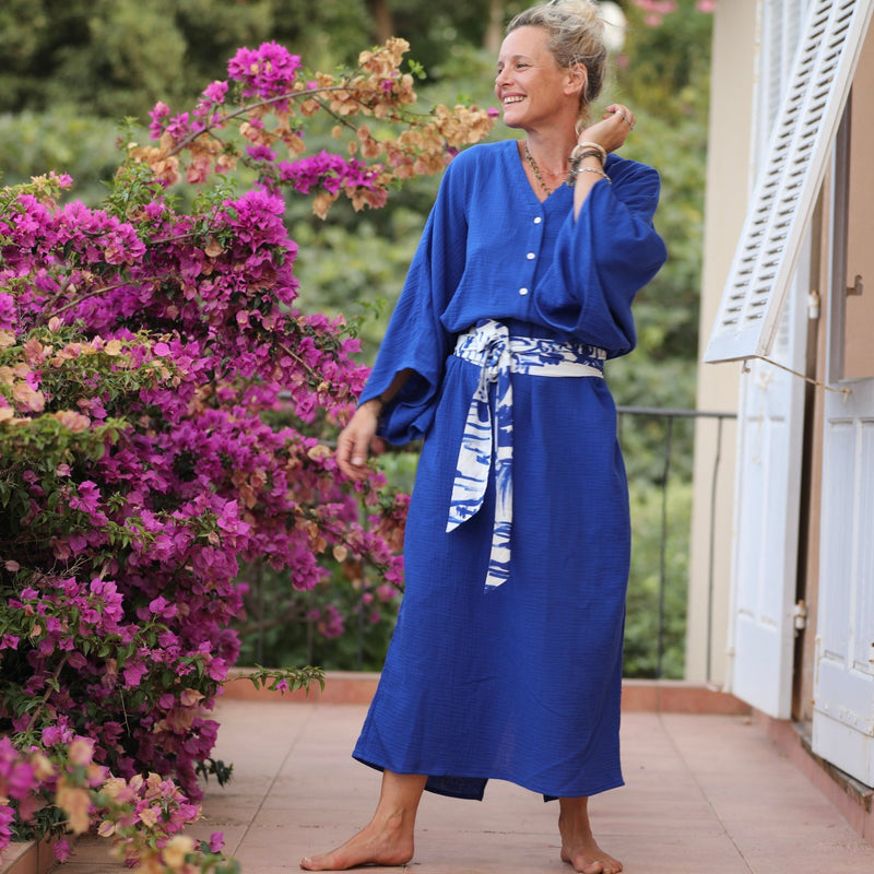 Robe Xiou double gaze de coton bleu majorelle - Quintessence