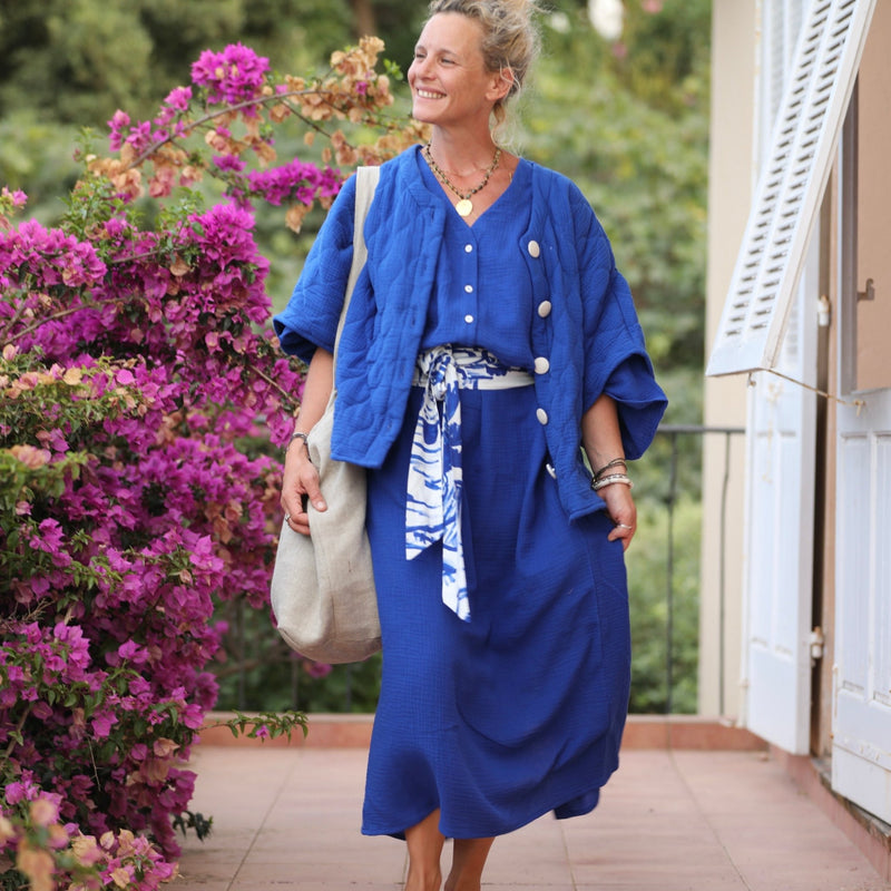 Robe Xiou double gaze de coton bleu majorelle - Quintessence