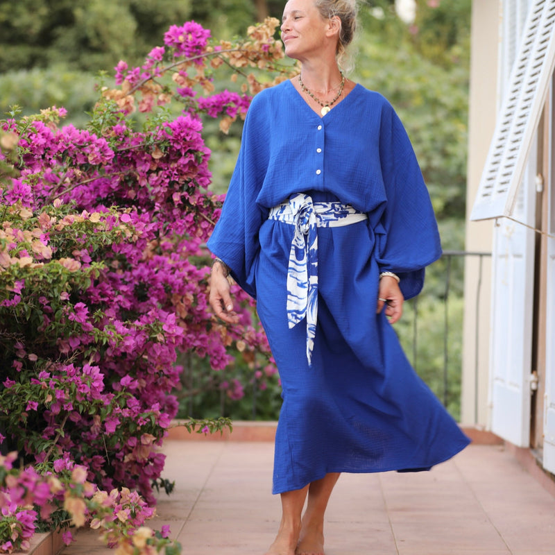 Robe Xiou double gaze de coton bleu majorelle - Quintessence