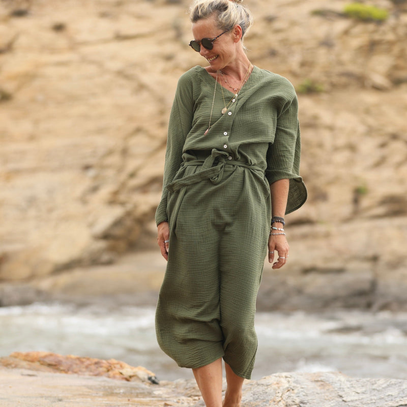 Robe Xiou double gaze de coton vert army - Quintessence