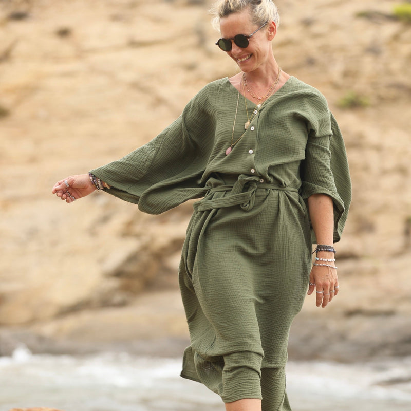 Robe Xiou double gaze de coton vert army - Quintessence