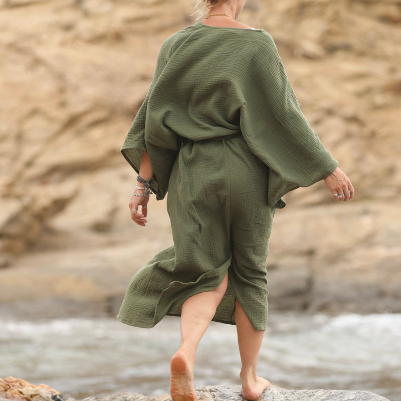 Robe Xiou double gaze de coton vert army - Quintessence