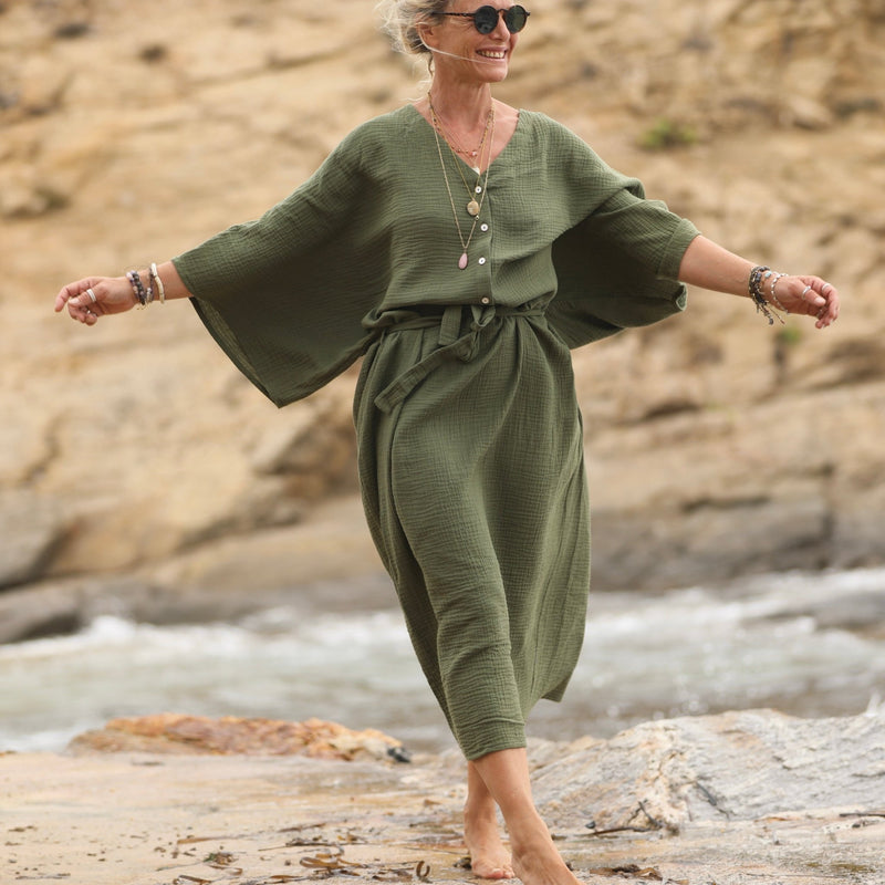 Robe Xiou double gaze de coton vert army - Quintessence