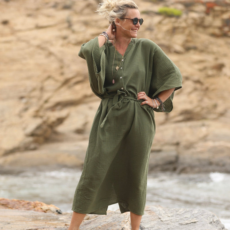 Robe Xiou double gaze de coton vert army - Quintessence