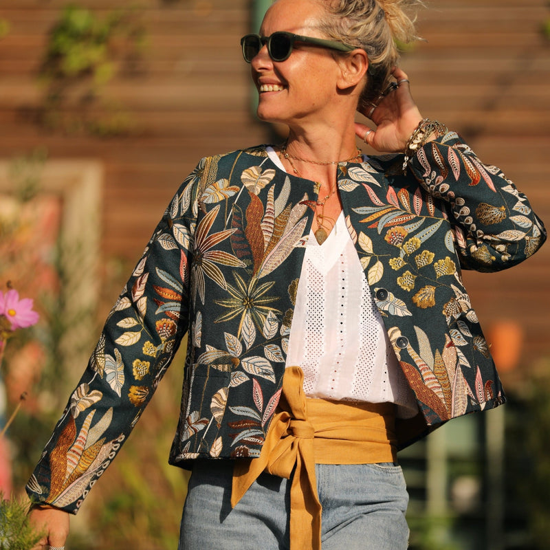 Veste Frida jacquard Passiflore - doublure lin ocre - Quintessence