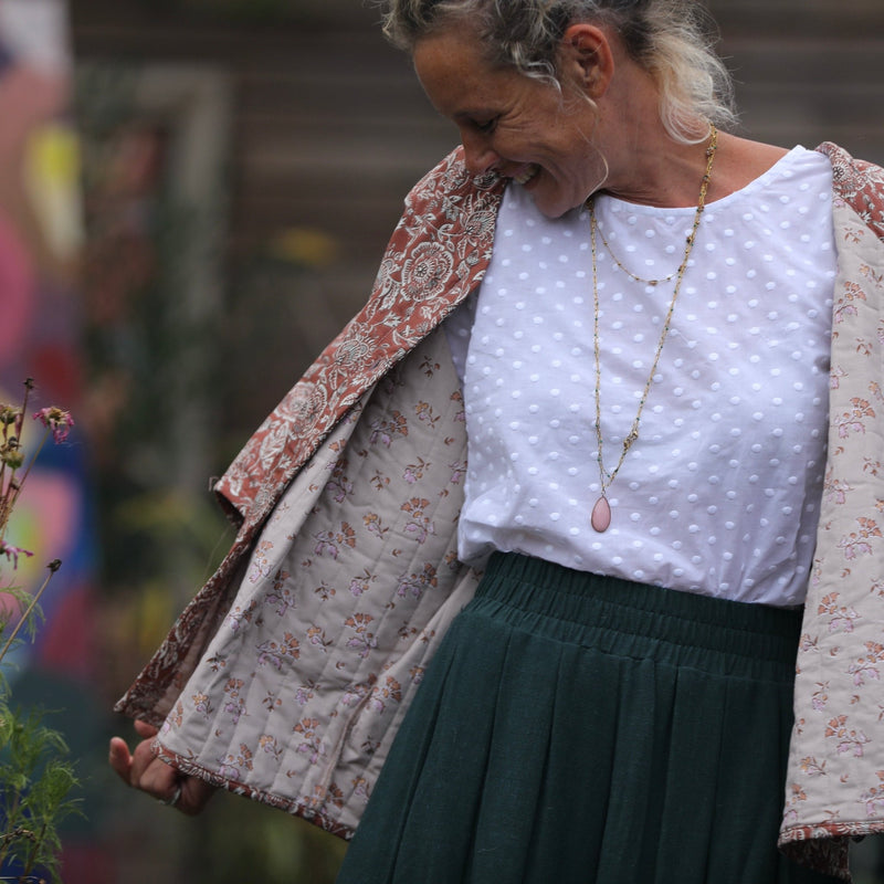 Veste kimono Yoko - coton matelassé imprimé châtaignier / envers fleuri rosé - Quintessence