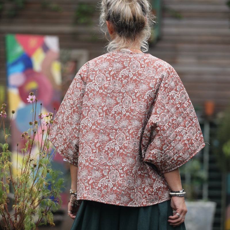 Veste kimono Yoko - coton matelassé imprimé châtaignier / envers fleuri rosé - Quintessence