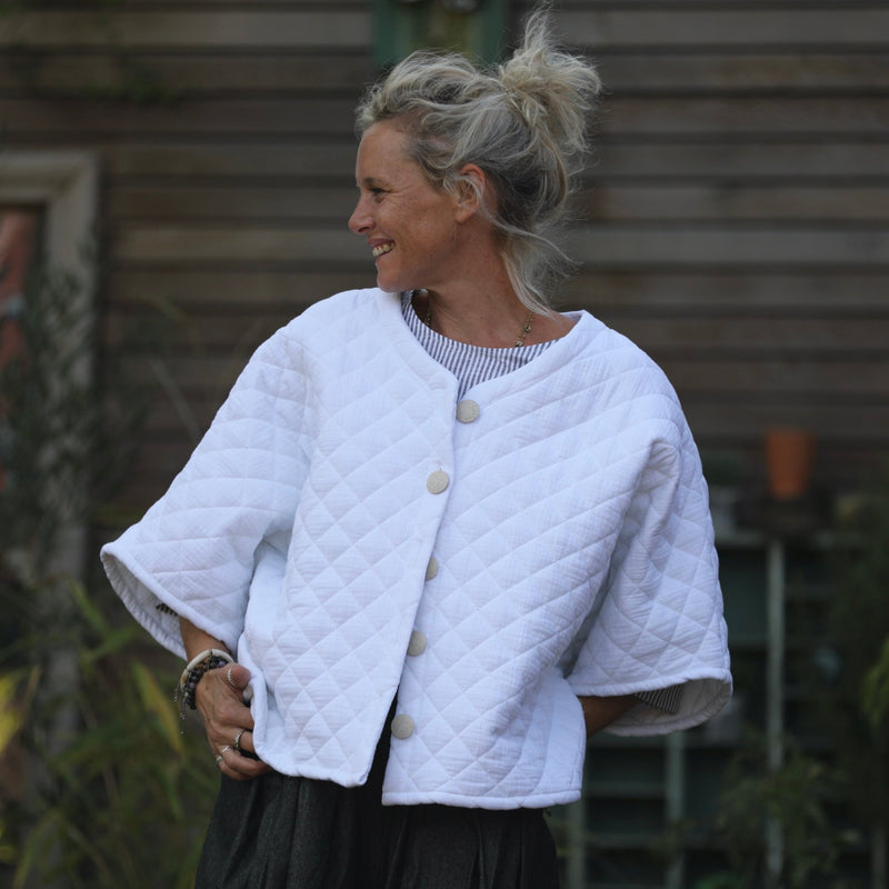 Veste kimono Yoko - double gaze de coton matelassé blanc - Quintessence