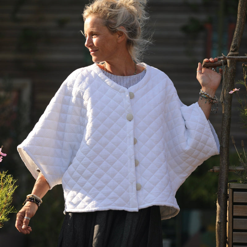 Veste kimono Yoko - double gaze de coton matelassé blanc - Quintessence