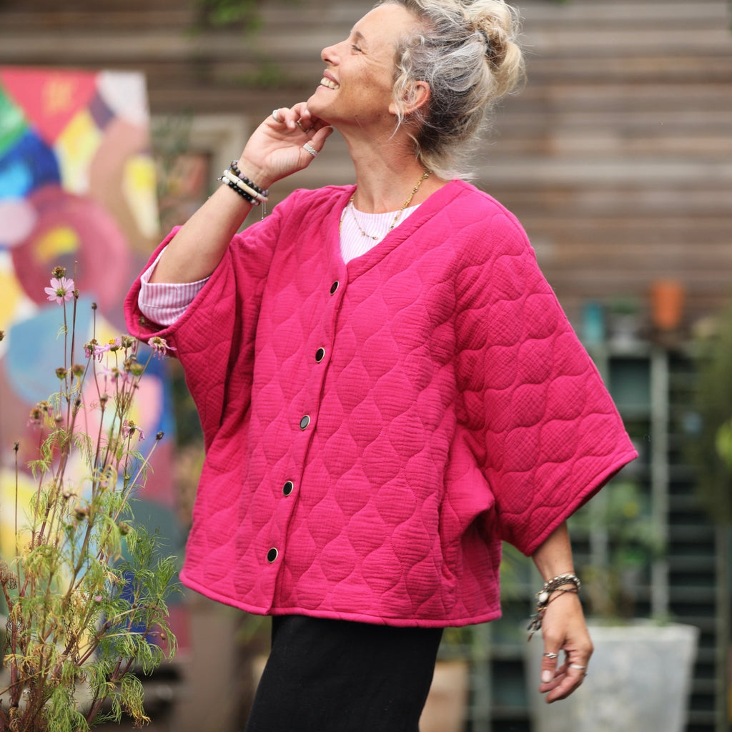 Veste kimono Yoko - double gaze de coton matelassé fushia - Quintessence