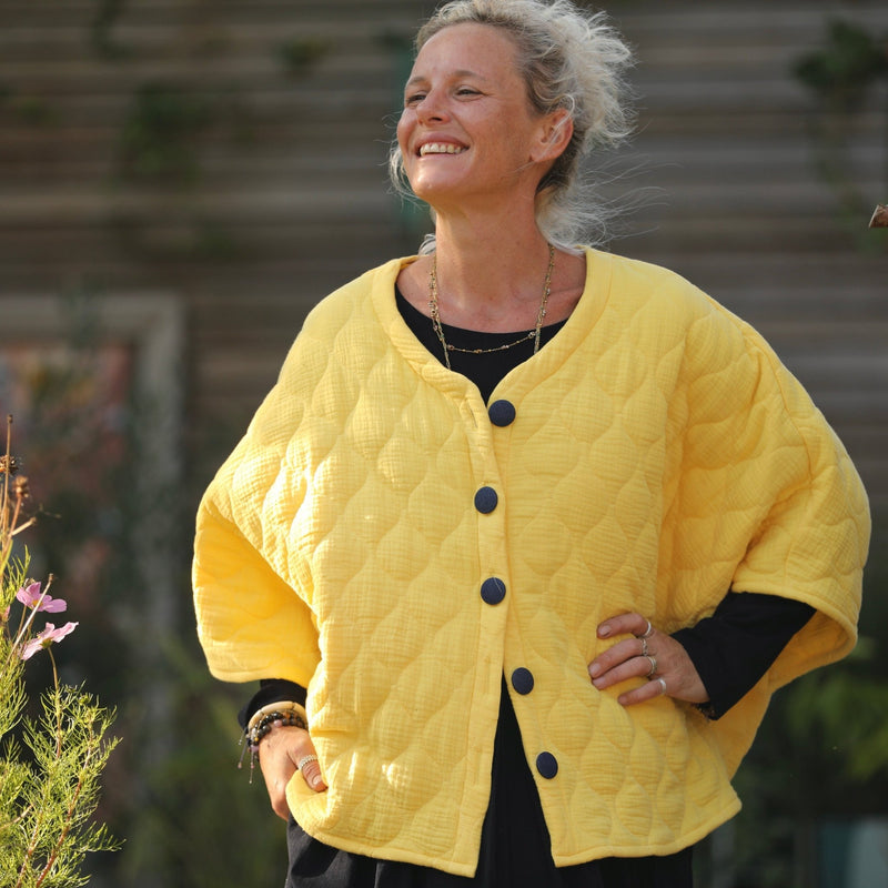 Veste kimono Yoko - double gaze de coton matelassé jaune mimosas - Quintessence