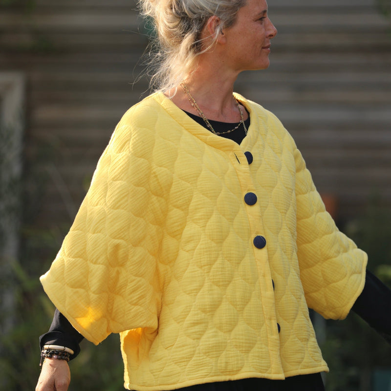 Veste kimono Yoko - double gaze de coton matelassé jaune mimosas - Quintessence