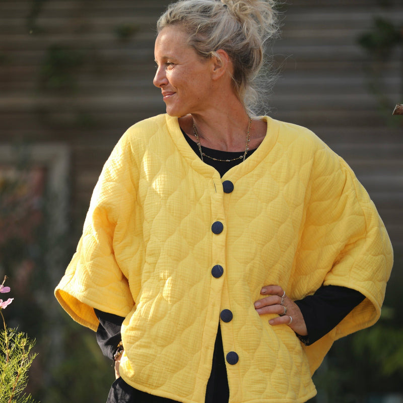 Veste kimono Yoko - double gaze de coton matelassé jaune mimosas - Quintessence