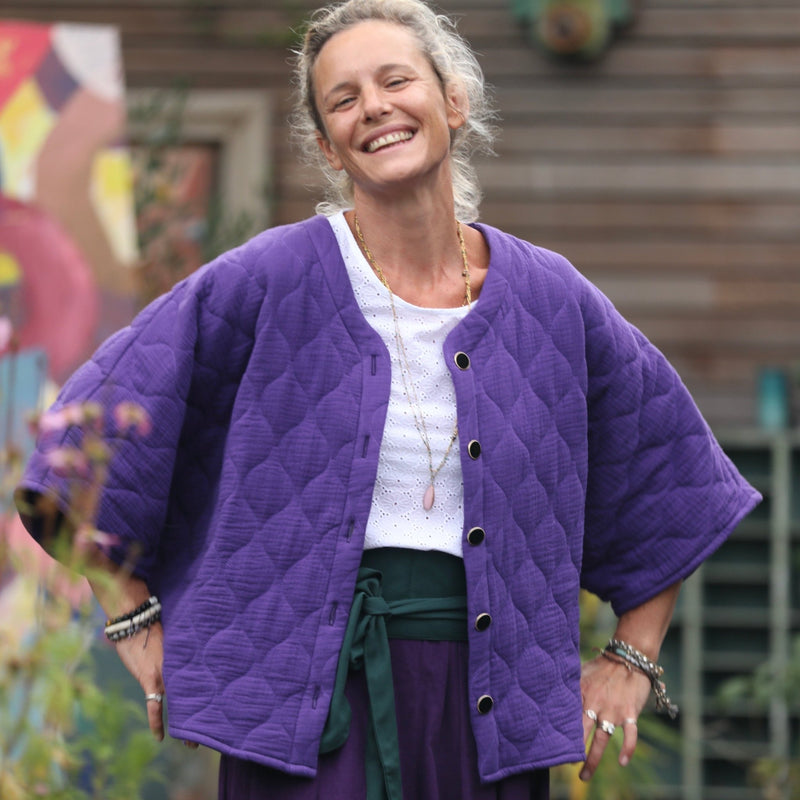 Veste kimono Yoko - double gaze de coton matelassé prune - Quintessence