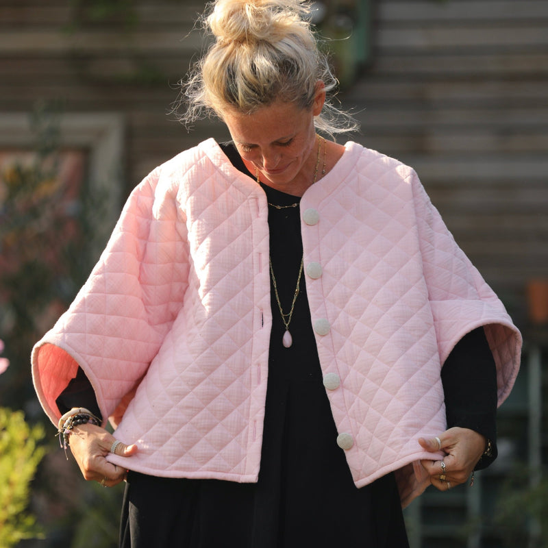 Veste kimono Yoko - double gaze de coton matelassé rose pale - Quintessence