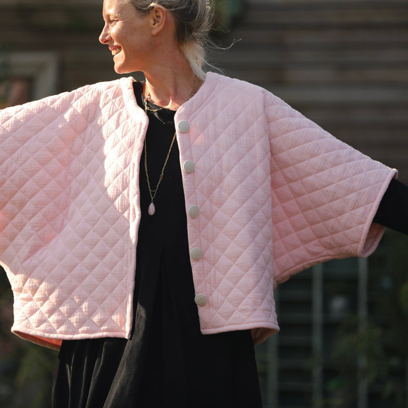 Veste kimono Yoko - double gaze de coton matelassé rose pale - Quintessence