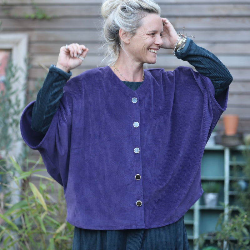 Veste kimono Yoko - velours côtelé aubergine - Quintessence